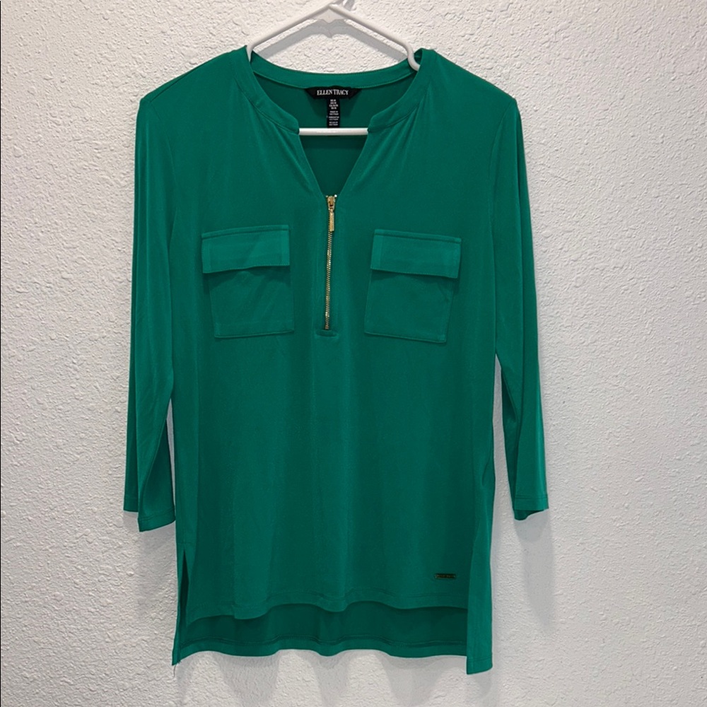 Ellen Tracy green gold zipper 3/4th sleeve blouse top for women